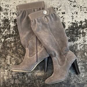 Michael Kors Gray Suede and Leather Tall Banded Heeled Boots Size 8